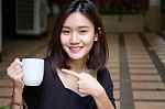 Portrait Of Thai Adult Glasses Beautiful Girl Drinking Coffee Stock Photo