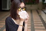 Portrait Of Thai Adult Glasses Beautiful Girl Drinking Coffee Stock Photo