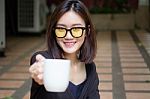 Portrait Of Thai Adult Glasses Beautiful Girl Drinking Coffee Stock Photo