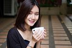 Portrait Of Thai Adult Glasses Beautiful Girl Drinking Coffee Stock Photo