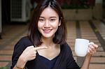 Portrait Of Thai Adult Glasses Beautiful Girl Drinking Coffee Stock Photo