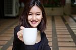 Portrait Of Thai Adult Glasses Beautiful Girl Drinking Coffee Stock Photo