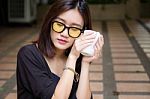 Portrait Of Thai Adult Glasses Beautiful Girl Drinking Coffee Stock Photo