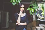 Portrait Of Thai Adult Glasses Beautiful Girl Relax And Smile Stock Photo