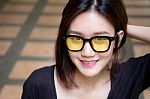 Portrait Of Thai Adult Glasses Beautiful Girl Relax And Smile Stock Photo