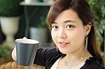 Portrait Of Thai Adult Women Office Beautiful Girl Drinking Coffee Stock Photo