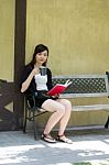 Portrait Of Thai Adult Women Office Beautiful Girl Drinking Coffee Stock Photo