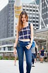 Portrait Of Thai Chinese Adult Beautiful Girl Denim Blue Bag Travel Relax And Smile Stock Photo