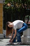 Portrait Of Thai Chinese Adult Glasses Beautiful Girl Denim Blue Bag Relax And Smile Stock Photo