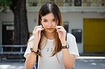 Portrait Of Thai Chinese Adult Glasses Beautiful Girl Denim Blue Bag Relax And Smile Stock Photo