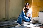 Portrait Of Thai Chinese Adult Glasses Beautiful Girl Denim Blue Bag Relax And Smile Stock Photo