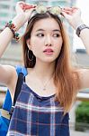 Portrait Of Thai Chinese Adult Glasses Beautiful Girl Denim Blue Bag Relax And Smile Stock Photo