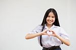 Portrait Of Thai High School Student Uniform Beautiful Girl Give Heart Stock Photo