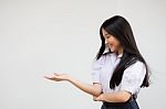 Portrait Of Thai High School Student Uniform Beautiful Girl Show Hand Stock Photo