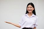 Portrait Of Thai High School Student Uniform Beautiful Girl Show Hand Stock Photo