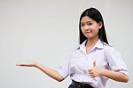 Portrait Of Thai High School Student Uniform Beautiful Girl Show Hand Stock Photo