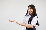 Portrait Of Thai High School Student Uniform Beautiful Girl Show Hand Stock Photo