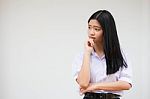 Portrait Of Thai High School Student Uniform Beautiful Girl Silently Stock Photo