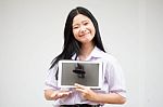 Portrait Of Thai High School Student Uniform Beautiful Girl Using Her Tablet Stock Photo