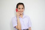 Portrait Of Thai High School Student Uniform Teen Beautiful Girl Calling Smart Phone, Stock Photo