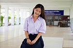 Portrait Of Thai High School Student Uniform Teen Beautiful Girl Happy And Relax Stock Photo