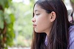 Portrait Of Thai High School Student Uniform Teen Beautiful Girl Happy And Relax Stock Photo