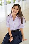 Portrait Of Thai High School Student Uniform Teen Beautiful Girl Happy And Relax Stock Photo