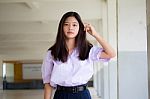 Portrait Of Thai High School Student Uniform Teen Beautiful Girl Happy And Relax Stock Photo