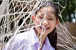 Portrait Of Thai High School Student Uniform Teen Beautiful Girl Happy And Relax Stock Photo