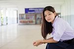 Portrait Of Thai High School Student Uniform Teen Beautiful Girl Happy And Relax Stock Photo