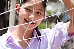 Portrait Of Thai High School Student Uniform Teen Beautiful Girl Happy And Relax Stock Photo