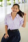 Portrait Of Thai High School Student Uniform Teen Beautiful Girl Happy And Relax Stock Photo