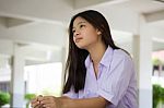 Portrait Of Thai High School Student Uniform Teen Beautiful Girl Happy And Relax Stock Photo