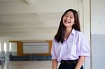 Portrait Of Thai High School Student Uniform Teen Beautiful Girl Happy And Relax Stock Photo