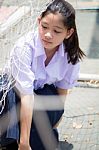 Portrait Of Thai High School Student Uniform Teen Beautiful Girl Happy And Relax Stock Photo