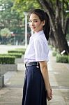 Portrait Of Thai High School Student Uniform Teen Beautiful Girl Happy And Relax, Stock Photo