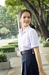 Portrait Of Thai High School Student Uniform Teen Beautiful Girl Happy And Relax, Stock Photo