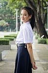 Portrait Of Thai High School Student Uniform Teen Beautiful Girl Happy And Relax, Stock Photo