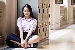 Portrait Of Thai High School Student Uniform Teen Beautiful Girl Happy And Relax, Stock Photo