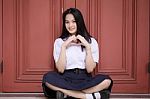 Portrait Of Thai High School Student Uniform Teen Beautiful Girl Happy And Relax, Stock Photo