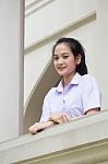 Portrait Of Thai High School Student Uniform Teen Beautiful Girl Happy And Relax, Stock Photo