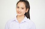 Portrait Of Thai High School Student Uniform Teen Beautiful Girl Happy And Relax, Stock Photo