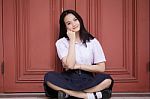 Portrait Of Thai High School Student Uniform Teen Beautiful Girl Happy And Relax, Stock Photo