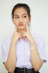 Portrait Of Thai High School Student Uniform Teen Beautiful Girl Happy And Relax, Stock Photo