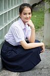 Portrait Of Thai High School Student Uniform Teen Beautiful Girl Happy And Relax, Stock Photo