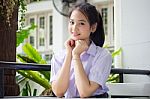 Portrait Of Thai High School Student Uniform Teen Beautiful Girl Happy And Relax, Stock Photo