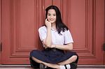 Portrait Of Thai High School Student Uniform Teen Beautiful Girl Happy And Relax, Stock Photo