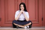 Portrait Of Thai High School Student Uniform Teen Beautiful Girl Happy And Relax, Stock Photo