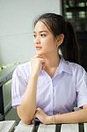 Portrait Of Thai High School Student Uniform Teen Beautiful Girl Happy And Relax, Stock Photo