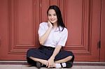 Portrait Of Thai High School Student Uniform Teen Beautiful Girl Happy And Relax, Stock Photo